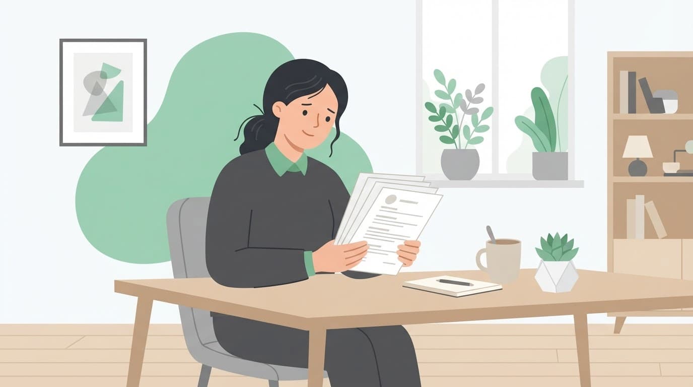 Illustration of a business owner sitting at a desk, sorting through a stack of resumes